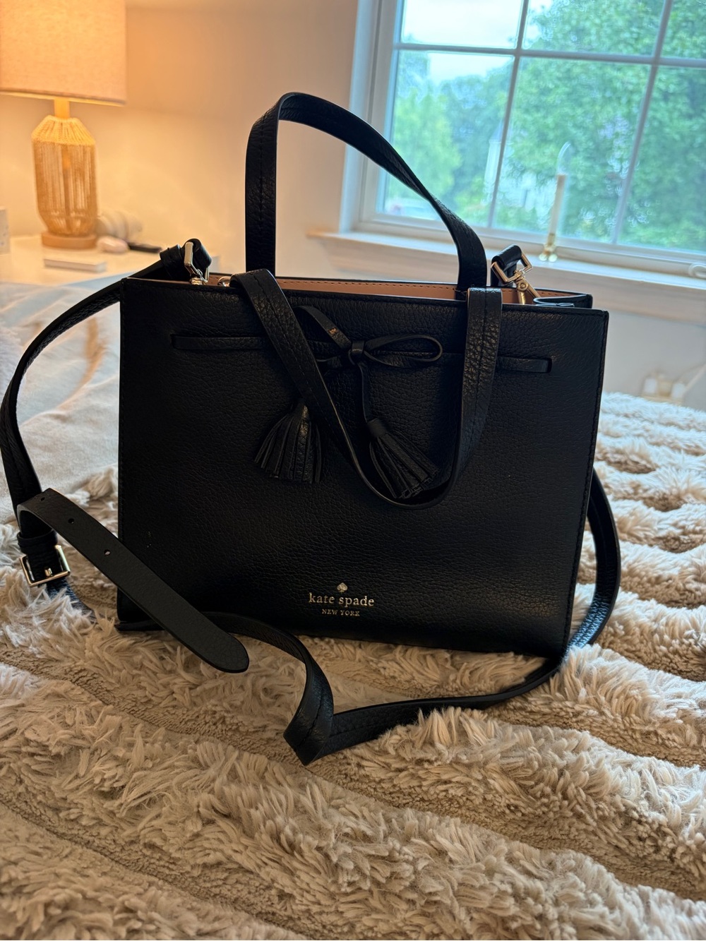 kate spade Black Leather Tassel Satchel with Crossbody Strap